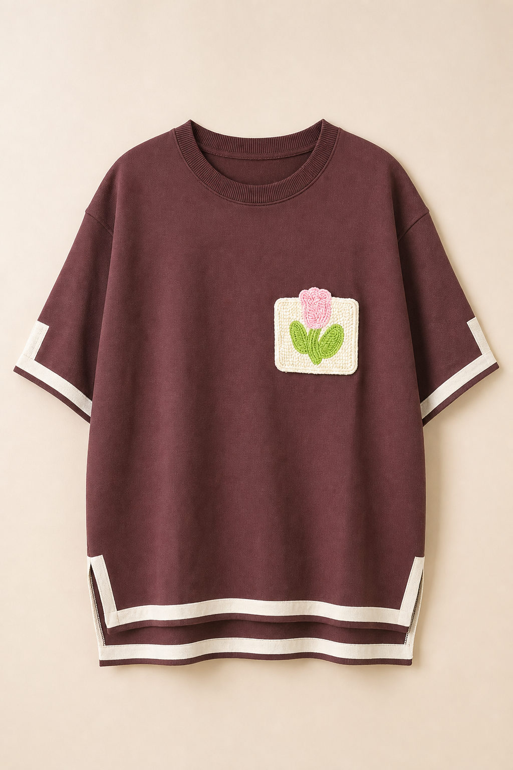 Relaxed Fit Short Sleeve Sweater With Floral Patch