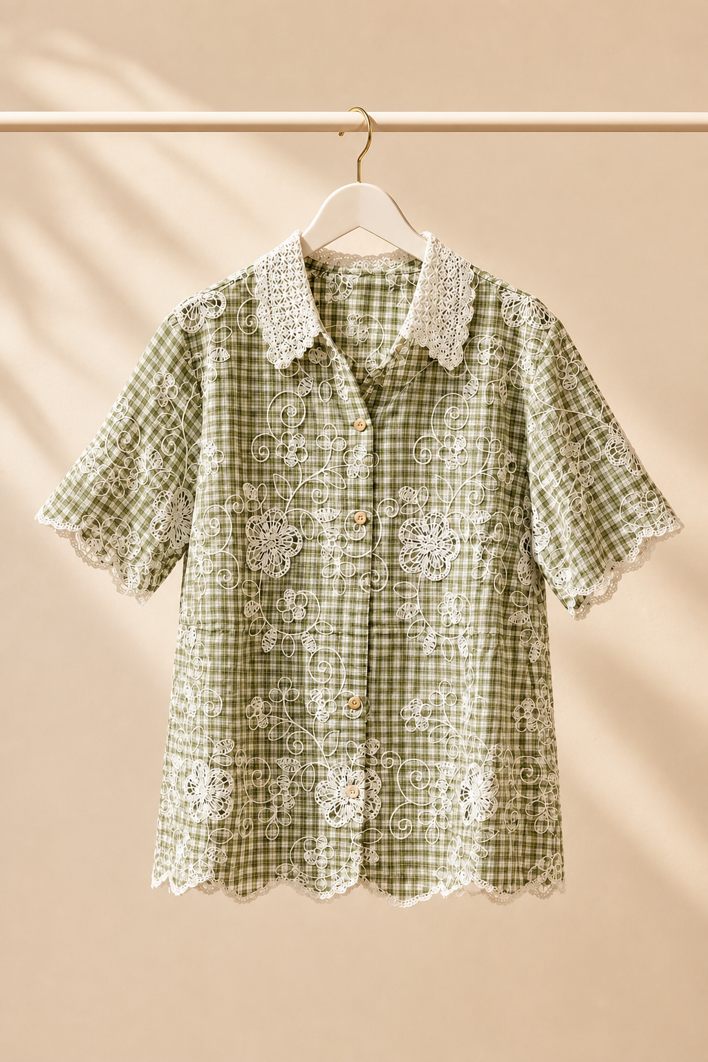 Embroidered Lace Collar and Sleeve Checkered Shirt