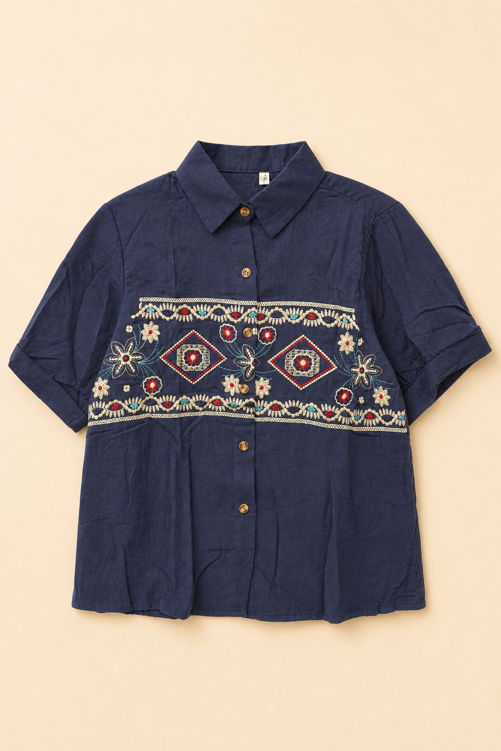 Embroidered Half Sleeve Button Down Cotton Shirt