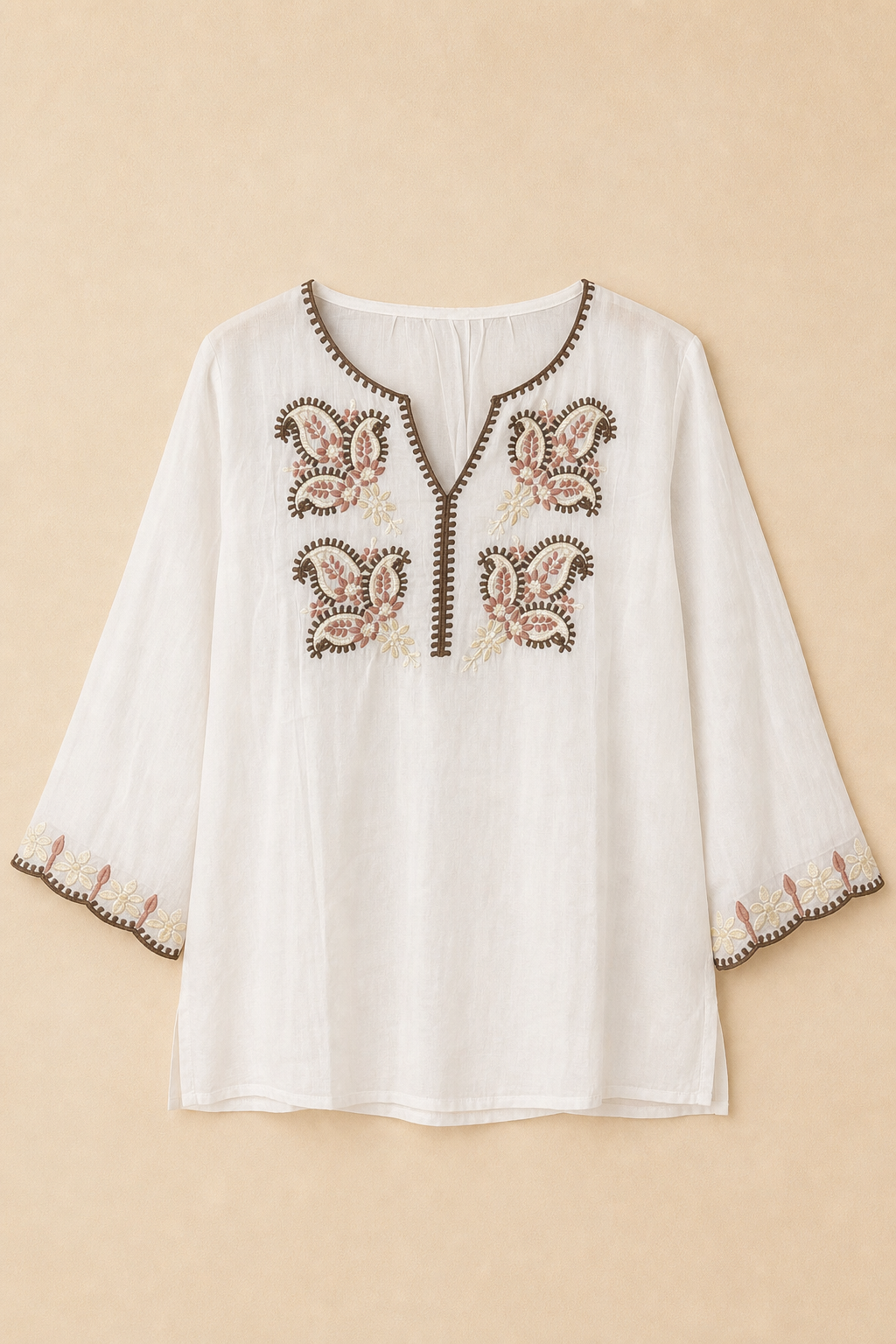 Embroidered V-Neck Relaxed Fit Tunic Top