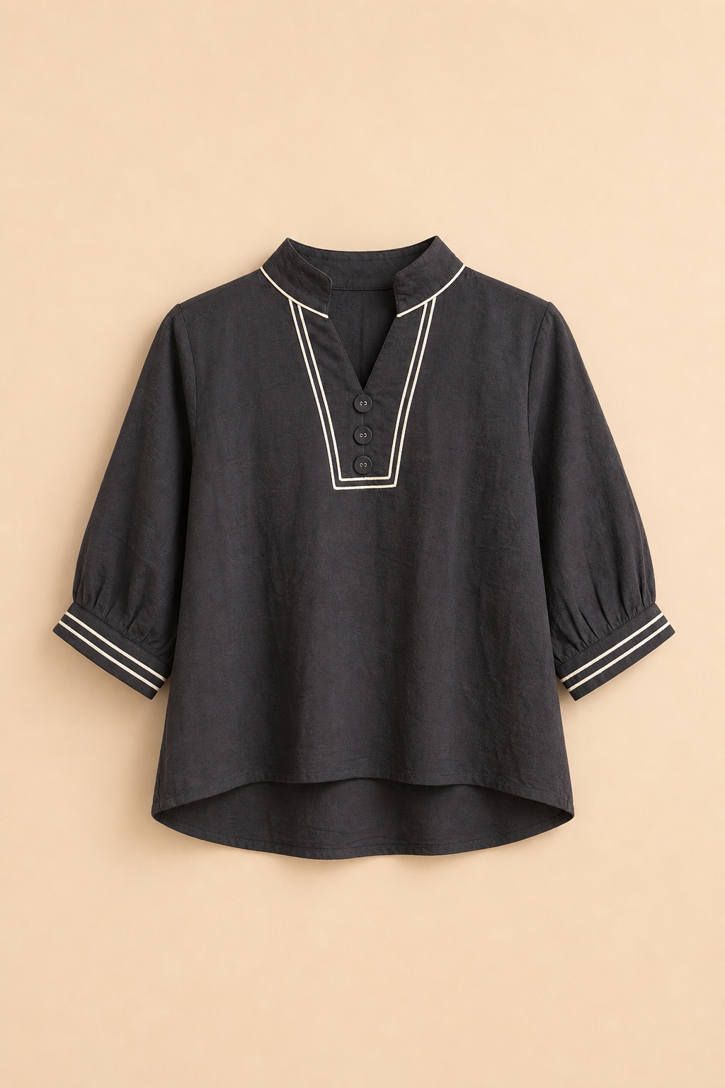 Casual Woven Three-Button V-Neck Tunic With Cuffed Sleeves