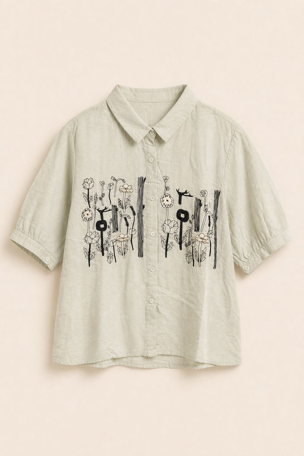 Button-Down Half Sleeve Embroidered Floral Shirt