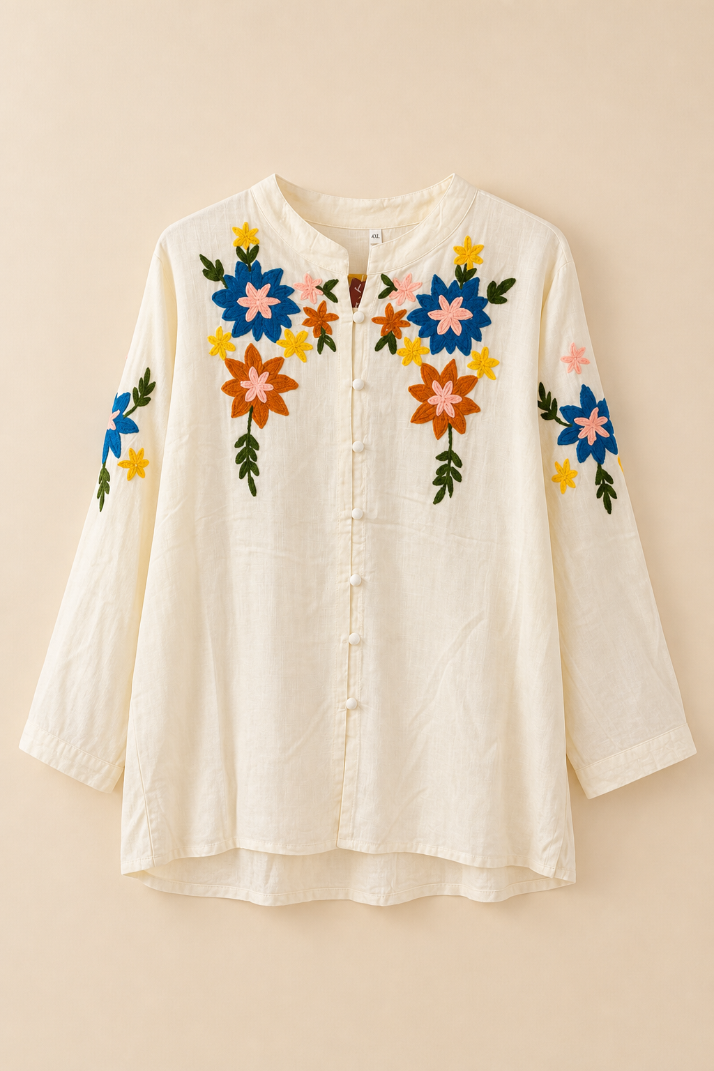 Embroidered Button-Front Relaxed Fit Tunic Top