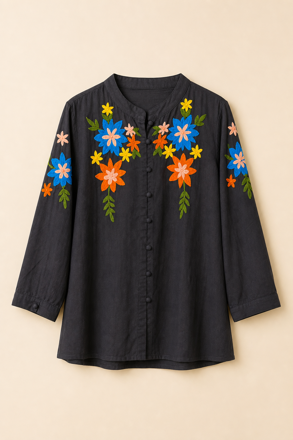 Embroidered Button-Front Relaxed Fit Tunic Top