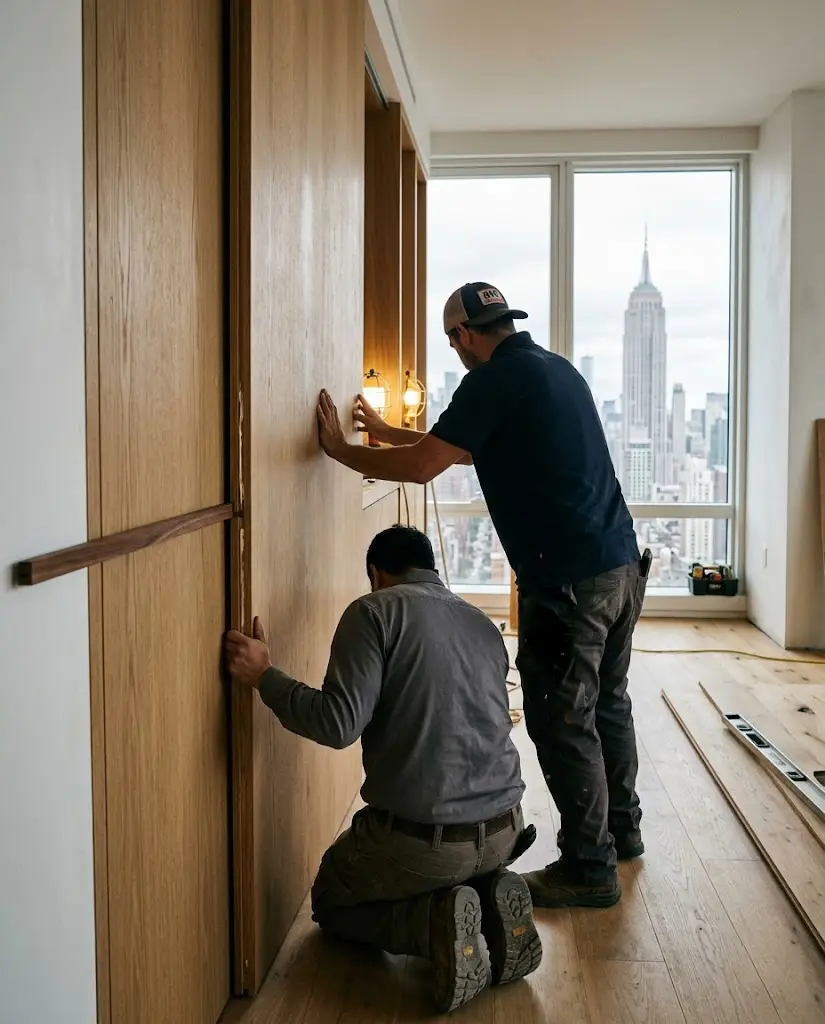 Break-point panel assembly on site — Era Interiors NYC installation