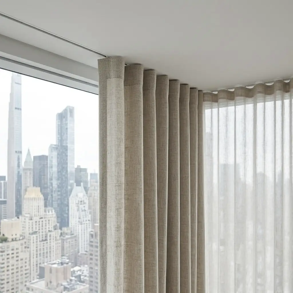 Floor-to-ceiling motorized drapery in glass tower — Era Interiors