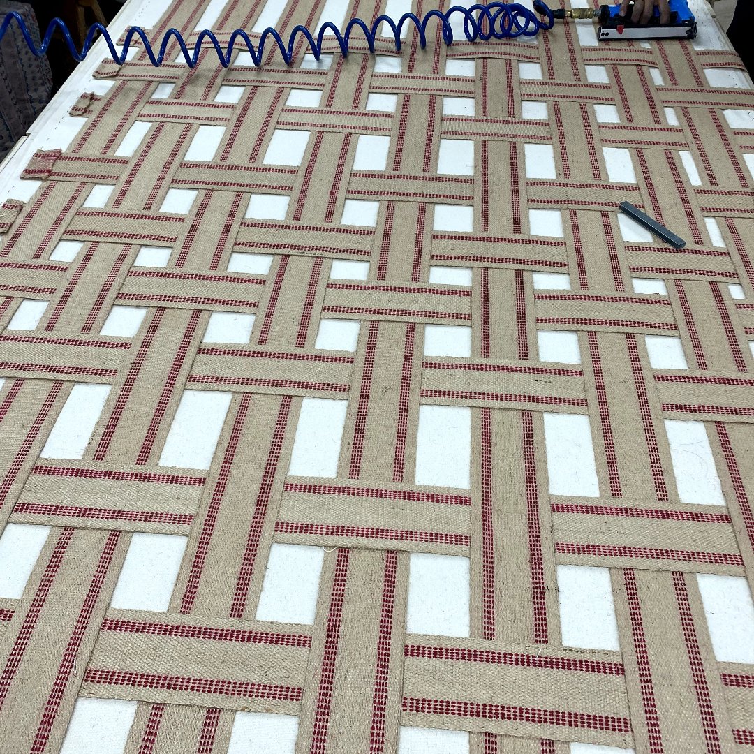 wood frame basket-weave pattern of jute webbing