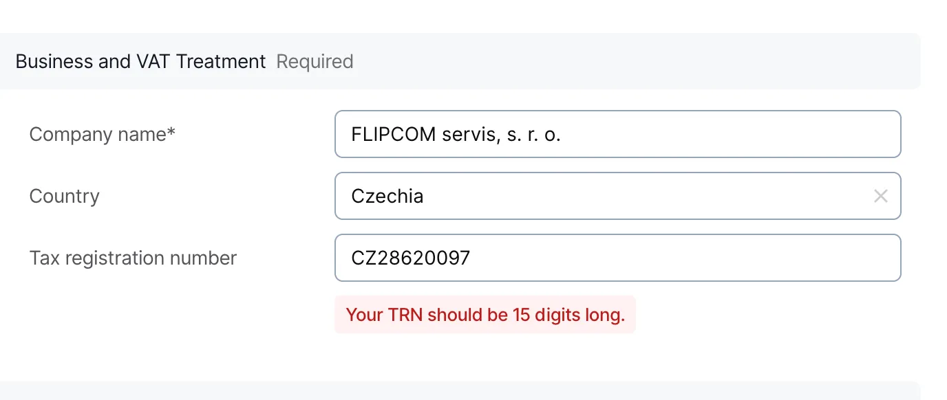 Online formulár pre registráciu DPH pre firmu FLIPCOM servis, s. r. o. s chybou 'Your TRN should be 15 digits long'.