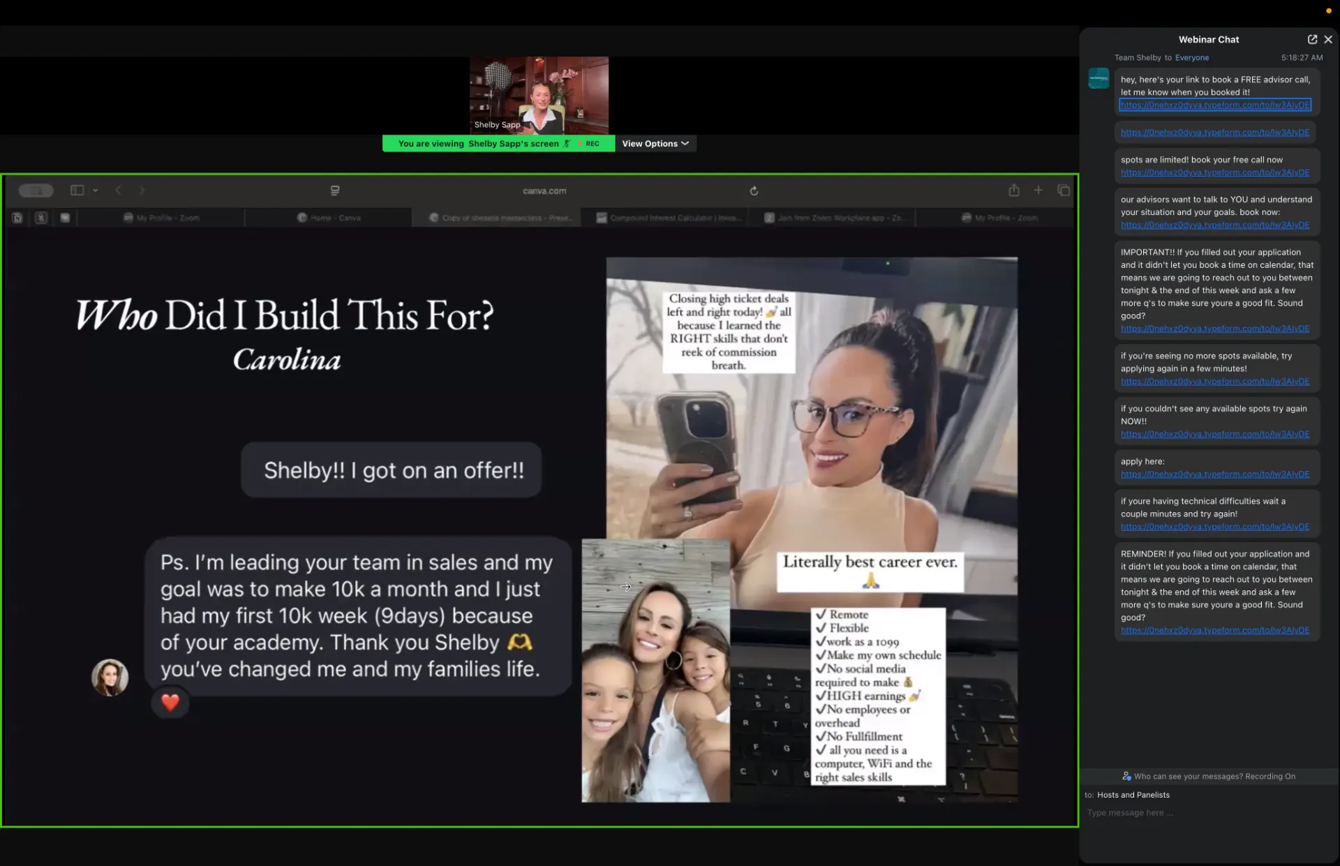 Screenshot z online webinára s názvom 'Who Did I Build This For?', chatom a videami účastníkov.