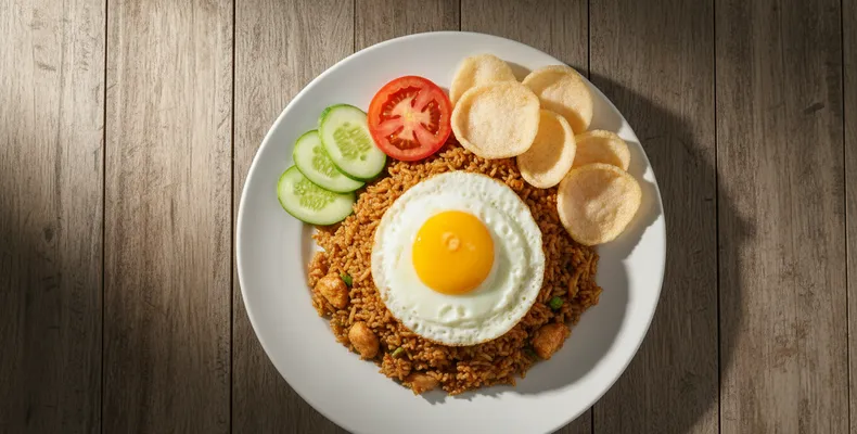 Traditionelles indonesisches Nasi Goreng: gebratener Reis mit Kecap Manis und knusprigem Ei