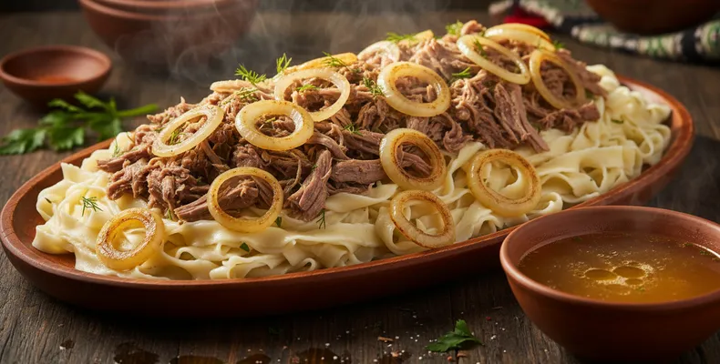 Kasachischer Beschbarmak traditionell: Lammfleisch mit breiten Nudeln und Brühe