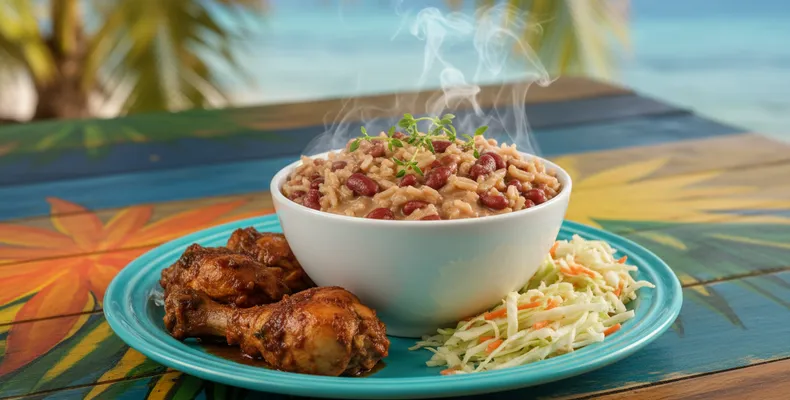 Rice and beans belizenho tradicional: arroz com feijão-vermelho cozido no leite de coco