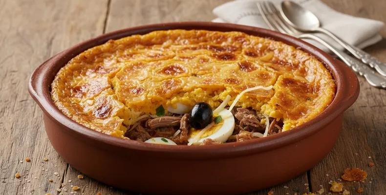 Pastel de choclo chileno tradicional: o gratinado de milho com carne, frango e azeitonas