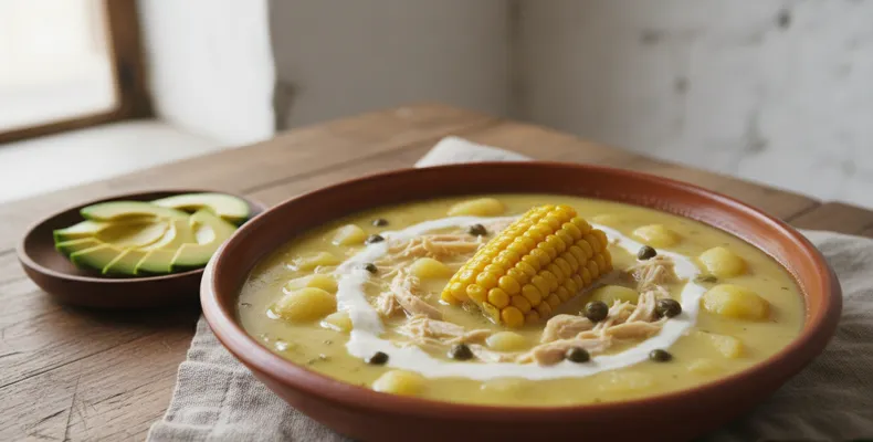 Ajiaco bogotano tradicional: a sopa colombiana de frango com três batatas, milho e guascas