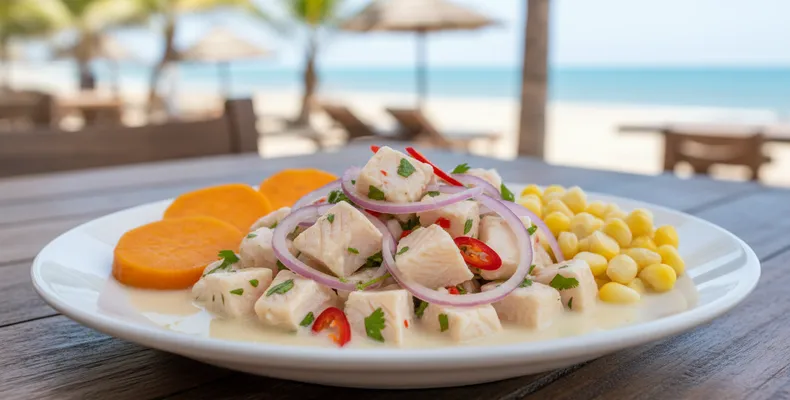 Ceviche peruano clássico: peixe fresco marinado no limão com cebola roxa, ají e leite de tigre