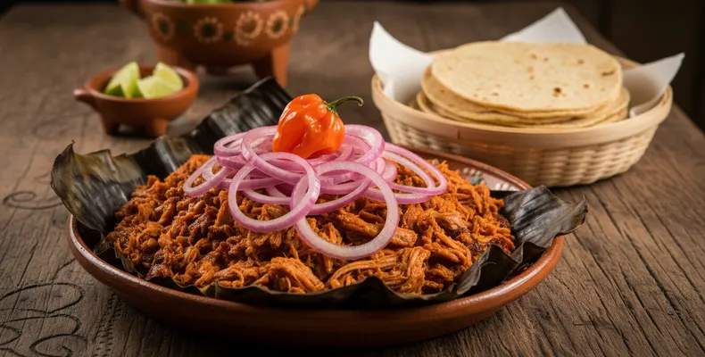 Cochinita pibil tradicional de Yucatán: porco marinado no urucum e laranja azeda, assado na folha de bananeira