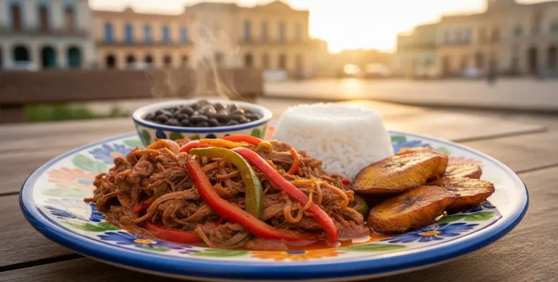 Ropa vieja cubana tradicional: carne desfiada no molho de tomate, pimentão e vinho