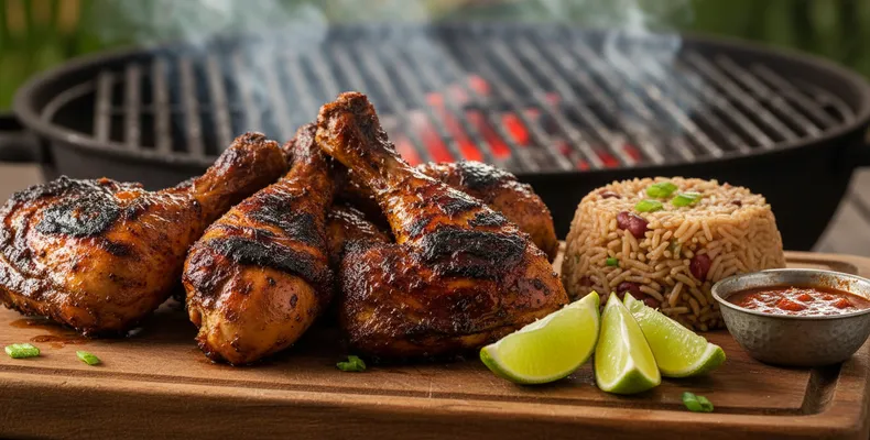 Jerk chicken jamaicano tradicional: frango marinado na pimenta scotch bonnet, pimenta-da-jamaica e tomilho, grelhado no carvão