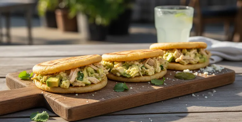 Arepas venezuelanas tradicionais: o pão de milho recheado com reina pepiada de frango e abacate