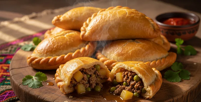 Salteñas bolivianas tradicionais: as empanadas assadas com recheio caldoso de carne, batata e ervilha