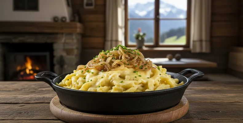 Käsespätzle tradicional: o macarrão caseiro alemão gratinado com queijo e cebola caramelizada