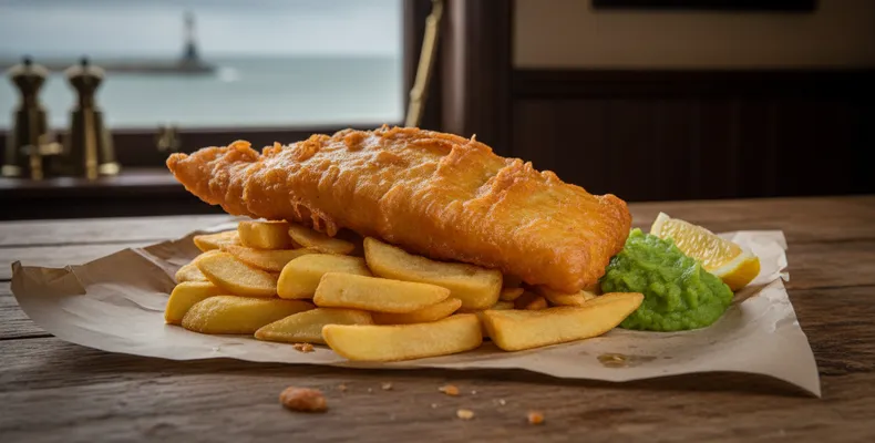 Fish and chips britânico tradicional: peixe empanado na massa de cerveja com batatas fritas duas vezes