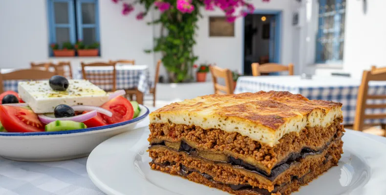 Moussaka grega tradicional: a lasanha de berinjela com carne moída e molho bechamel gratinado