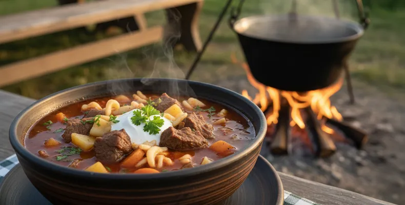 Goulash húngaro tradicional: o gulyás autêntico de carne, páprica e batata em caldo