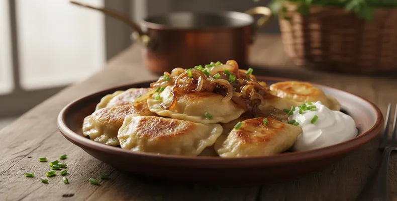 Pierogi ruskie tradicionais: os pastéis poloneses cozidos de batata e queijo com cebola na manteiga