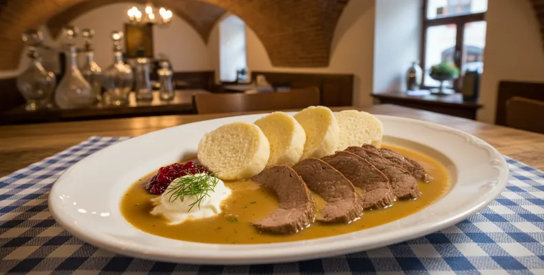 Svíčková na smetaně tradicional: o lombo bovino tcheco ao molho cremoso de legumes com knedlíky
