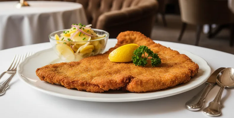 Wiener Schnitzel tradicional: o escalope de vitela empanado de Viena, fino, dourado e crocante