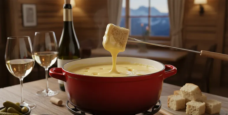 Fondue de queijo suíça tradicional: a moitié-moitié com Gruyère e Vacherin, vinho branco e kirsch