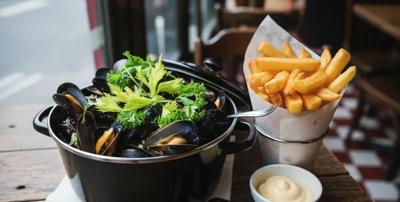Moules-frites tradicionais: os mexilhões belgas ao vinho branco com batatas fritas duas vezes