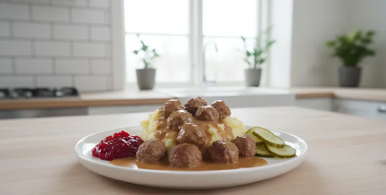 Köttbullar tradicionais: as almôndegas suecas ao molho cremoso com purê de batata e geleia de lingonberry