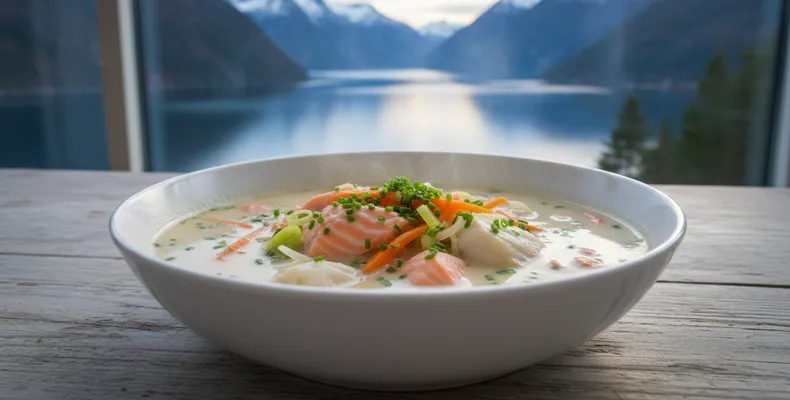 Fiskesuppe norueguesa tradicional: a sopa cremosa de salmão e bacalhau de Bergen