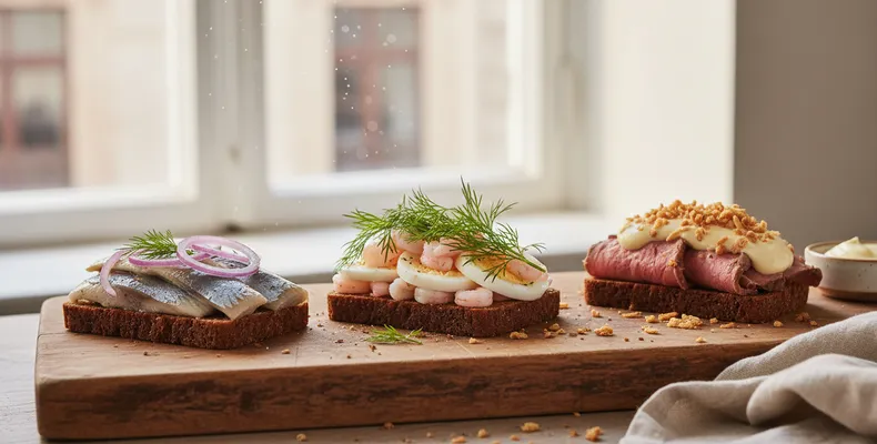 Smørrebrød dinamarquês tradicional: os sanduíches abertos de pão de centeio com arenque, ovo e camarão