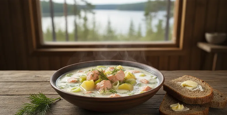 Lohikeitto tradicional: a sopa finlandesa de salmão com batata, alho-poró e endro