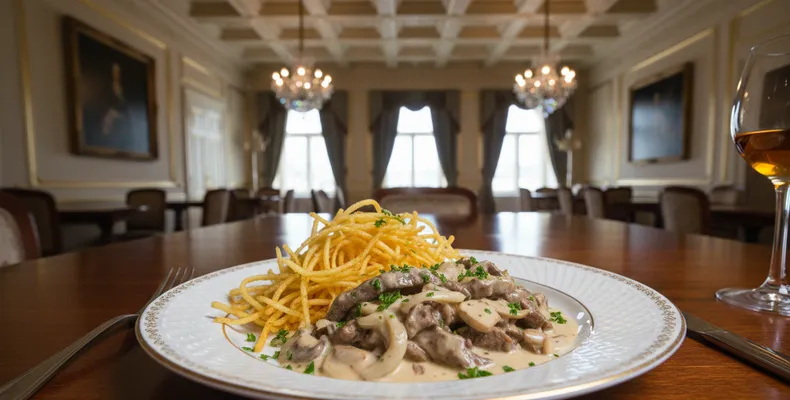 Estrogonofe de carne russo tradicional: o bef stroganov original com creme azedo e mostarda