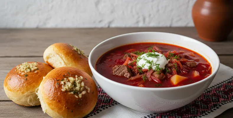 Borscht ucraniano tradicional: a sopa de beterraba com carne, repolho e creme azedo
