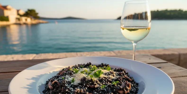 Crni rižot tradicional: o risoto negro de lula da Dalmácia com tinta e vinho branco