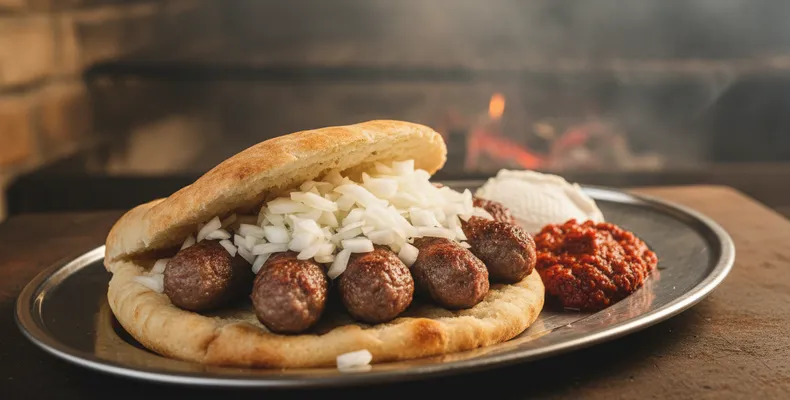 Ćevapi tradicionais: as salsichinhas sérvias de carne grelhada com pão somun, cebola e kajmak