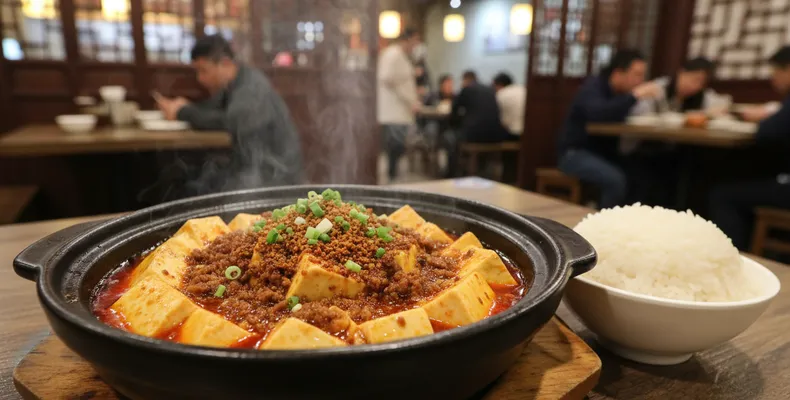 Mapo tofu tradicional de Sichuan: o tofu macio no molho picante de pasta de feijão e pimenta-de-sichuan