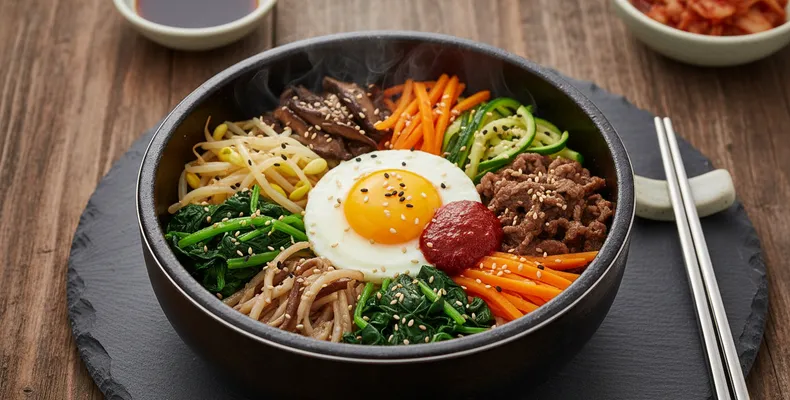 Bibimbap tradicional: a tigela coreana de arroz com legumes temperados, carne, ovo e gochujang