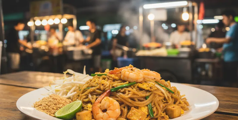 Pad thai tradicional: o macarrão de arroz tailandês salteado com camarão, tamarindo, amendoim e broto de feijão