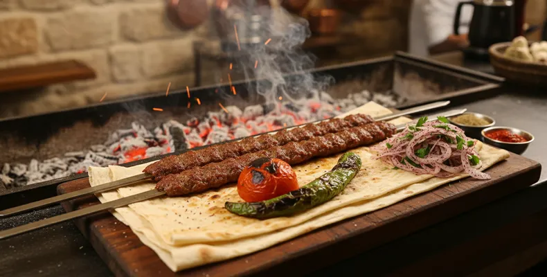 Adana kebab tradicional: o espeto turco de cordeiro moído com pimenta, grelhado no carvão