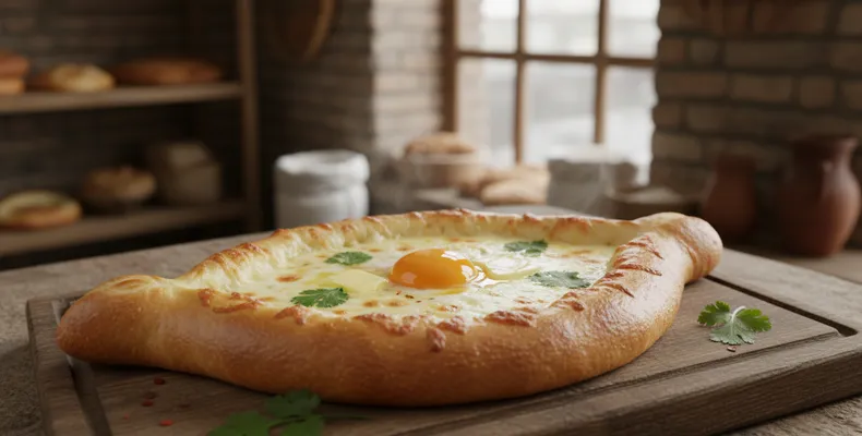 Khachapuri adjaruli tradicional: o pão georgiano em forma de barco recheado com queijo, ovo e manteiga