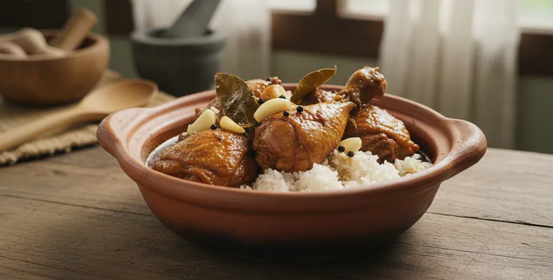 Adobo de frango filipino tradicional: o prato nacional cozido no vinagre, shoyu, alho e louro