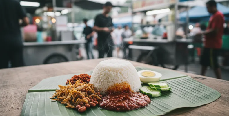 Nasi lemak tradicional: o arroz de coco malaio com sambal, anchovas fritas, amendoim, ovo e pepino