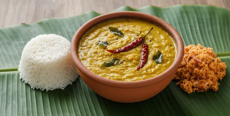 Dhal curry cingalês tradicional: o parippu de lentilha vermelha com leite de coco, curry em folha e temperos tostados