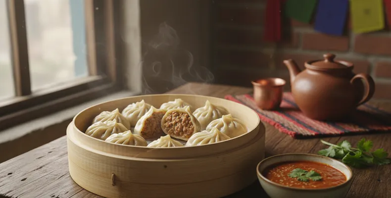 Momos nepaleses tradicionais: os bolinhos de massa no vapor recheados com carne, cebola e gengibre, com molho de tomate e gergelim